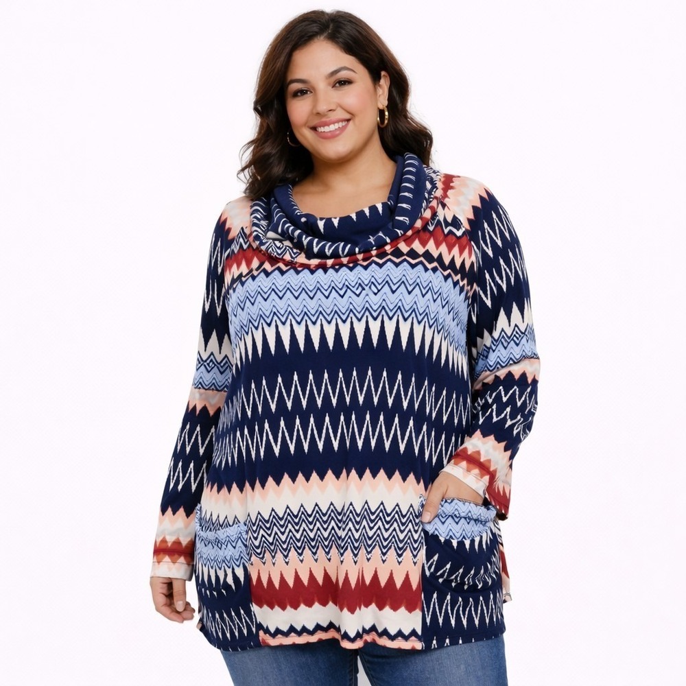 ROBERT LOUIS Size XL Aztec Tribal Chevron Asymmetric Handkerchief Pocket Tunic